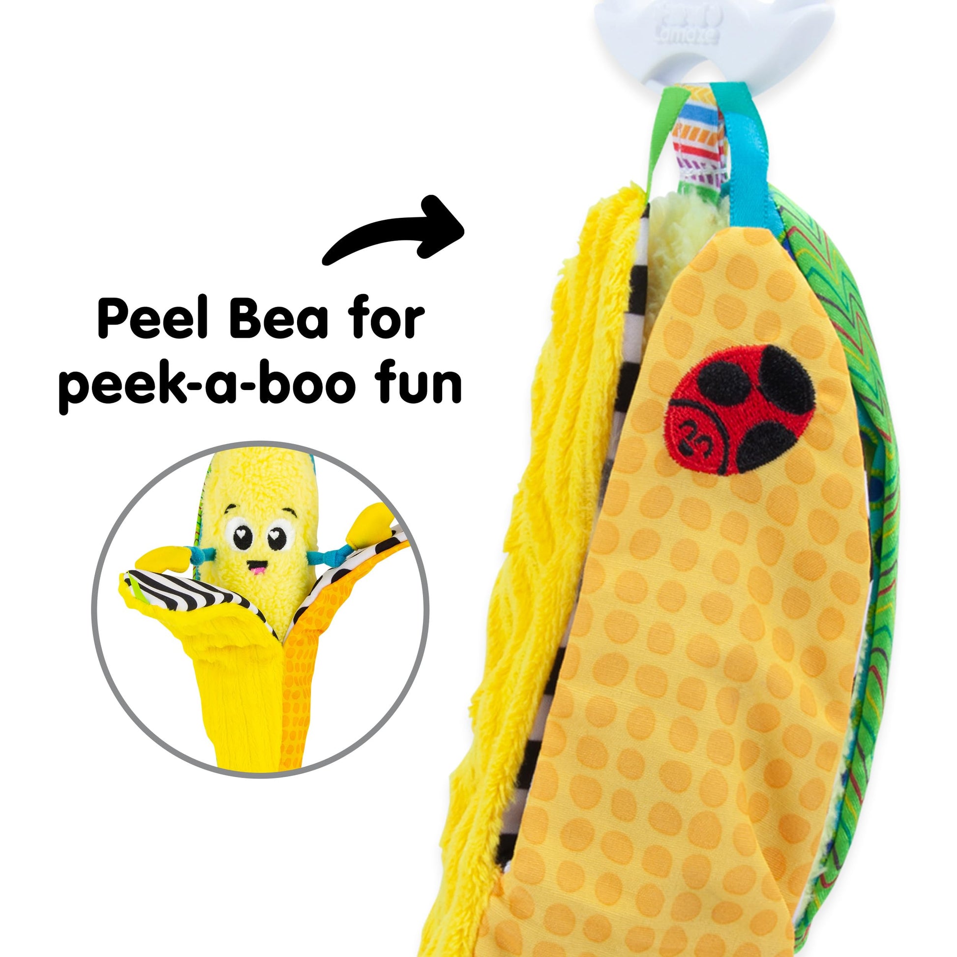 LAMAZE Bea the Banana sensory baby toy with colorful clips and sounds, perfect for newborns and infants up to 24 months.