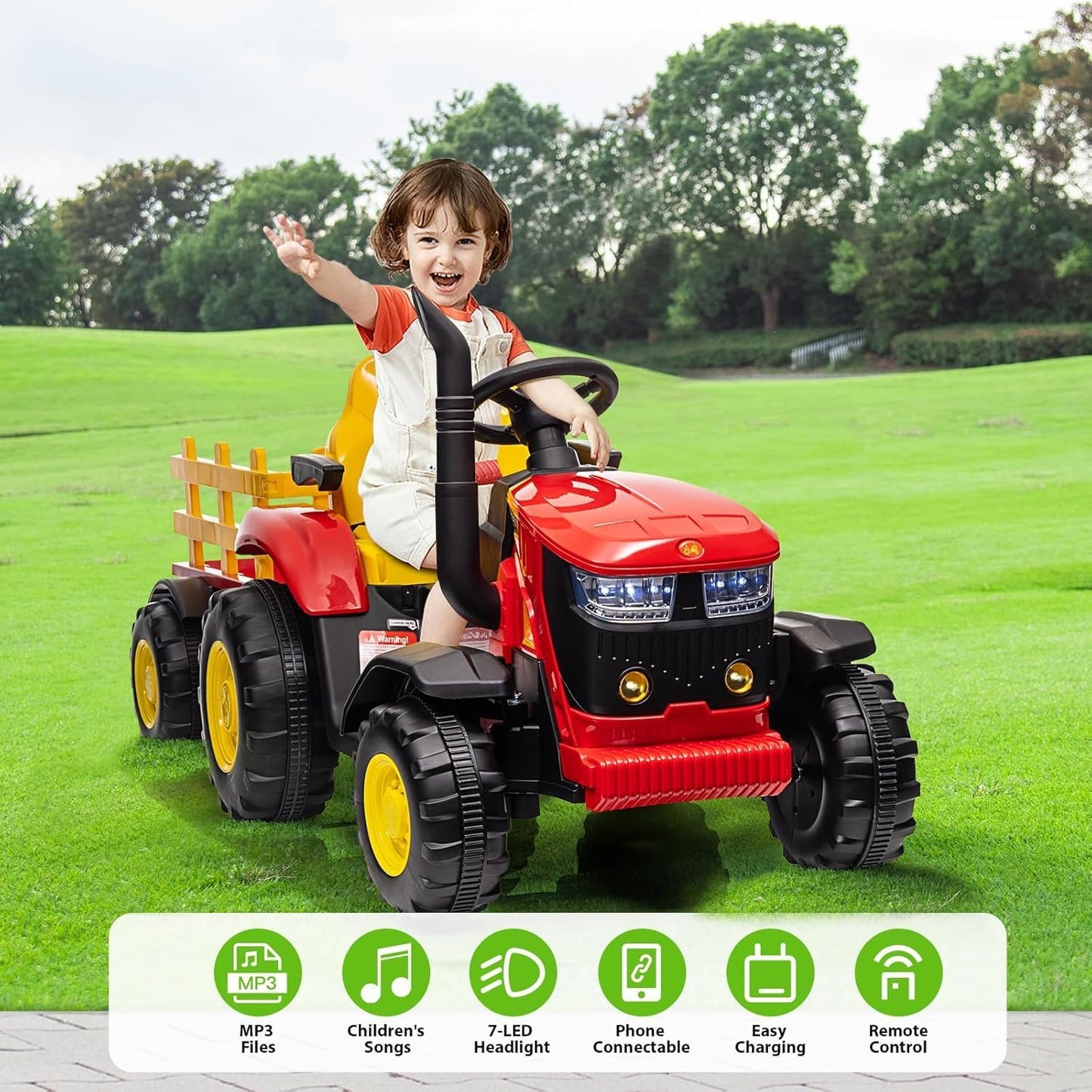 Kids Ride on Tractor with Detachable Trailer, 12V Battery Powered Electric Tractor with Remote Control, Dual Motors, Horn, Music/USB, 7 LED Lights, Ride on Toy Car for Ages 3+ (Red)