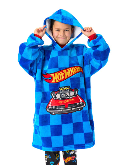 Hot Wheels Boys Wearable Blanket Hoodie | Children's Oversized Fleece Pullover in Blue with Printed Car Shaped Pocket | Kids Racing Flame Logo Hooded Loungewear | Toy Car Collectors Merchandise Gift
