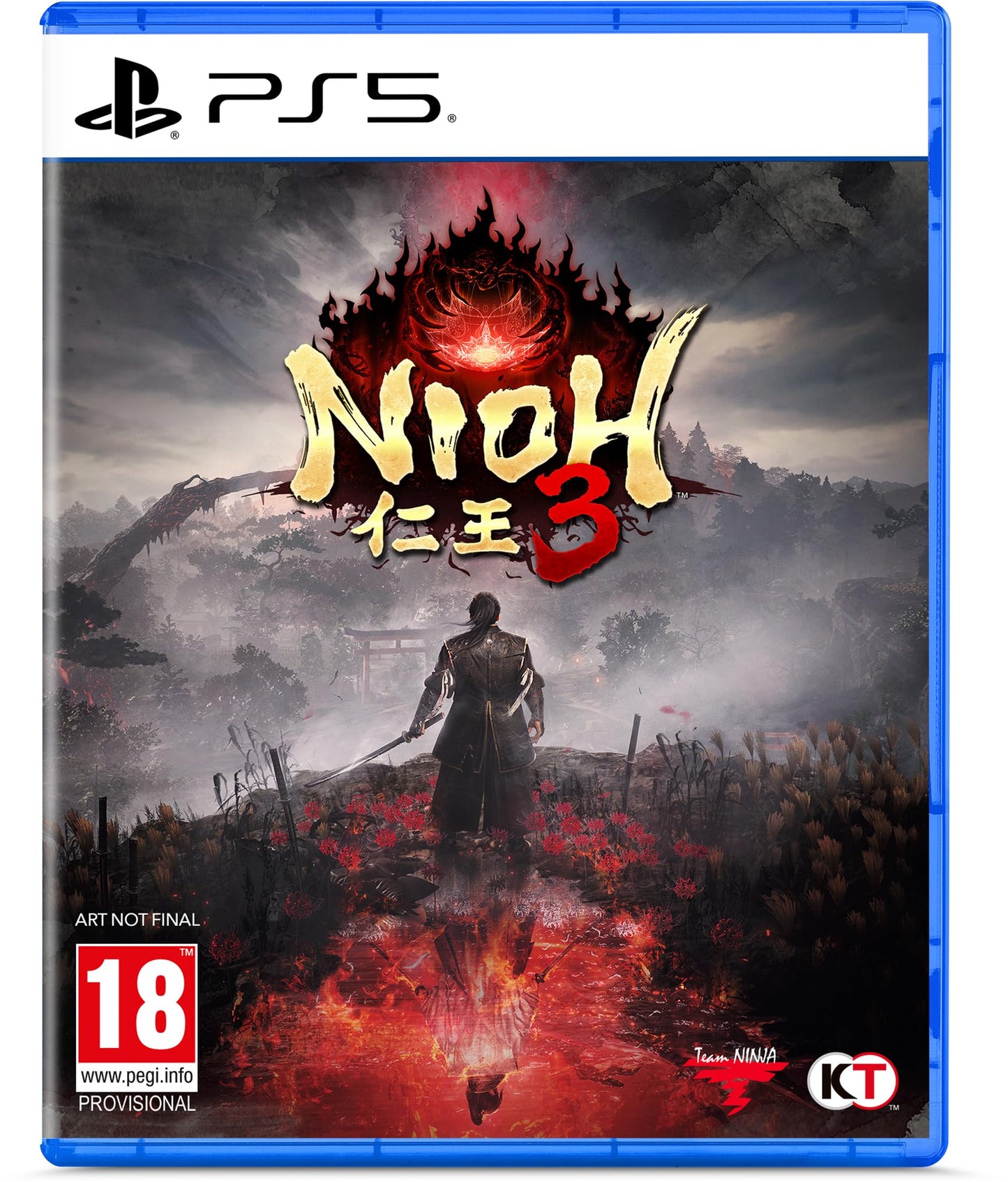 PlayStation 5 game disc for Nioh 3 by KT, featuring cover art with a warrior and mystical Japanese elements.