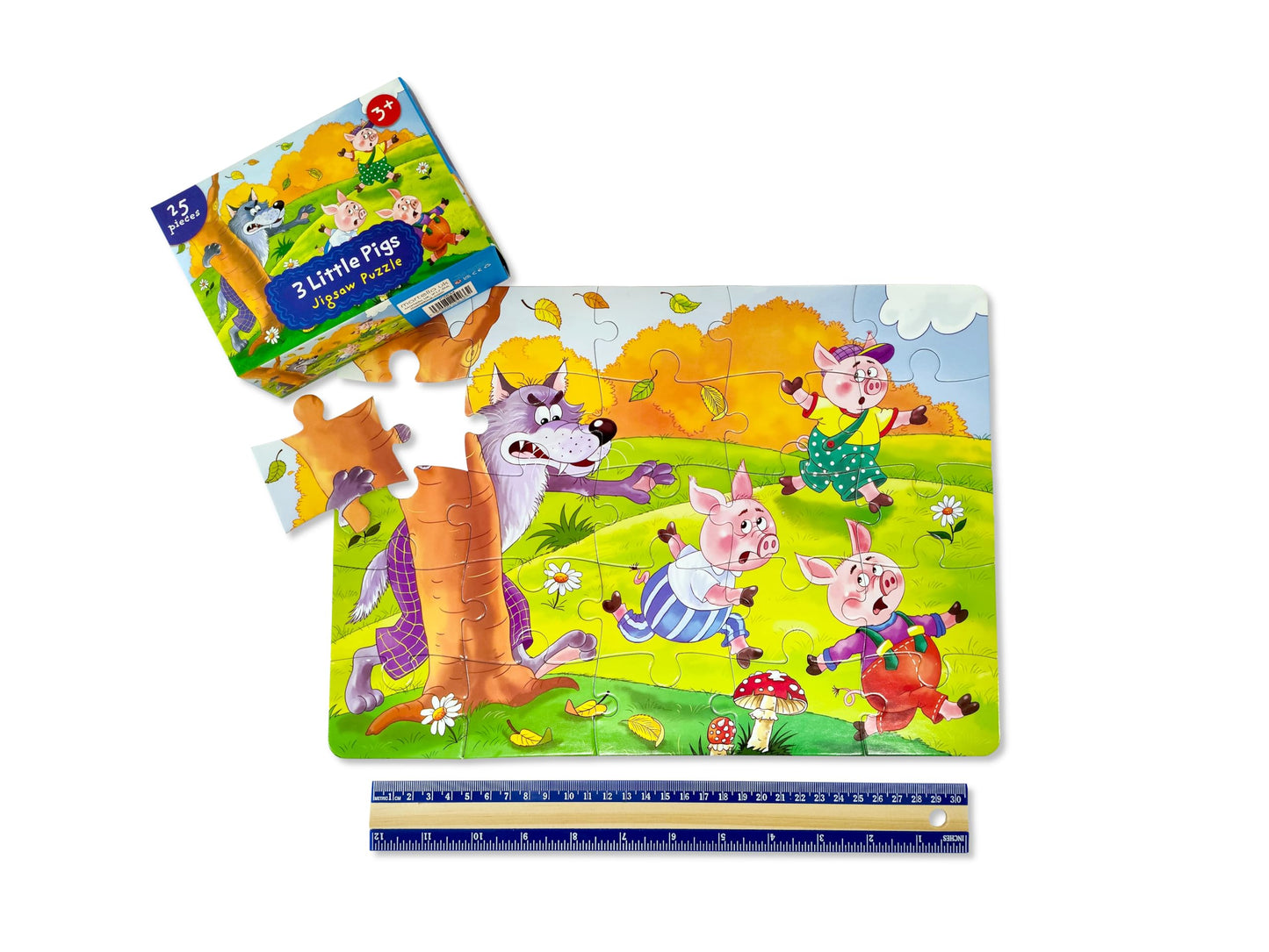 Anila's children's jigsaw puzzle set with six designs, 25 pieces each, for ages 3-8, displayed on a 35x25 cm surface.