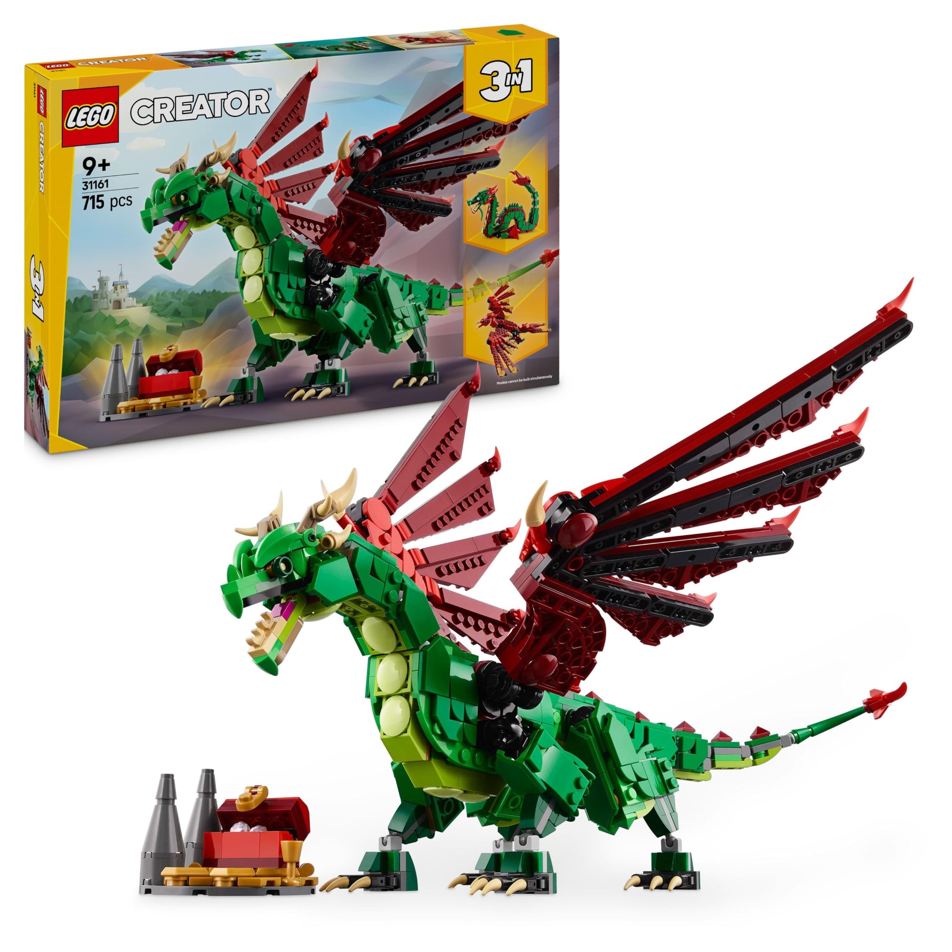 LEGO Creator 3in1 Medieval Dragon toy with detailed scales, wings, and accessories, showcasing transformation features.