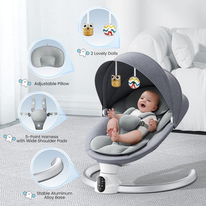 Aoykkii Electric Baby Bouncer Chair with Mobile App Control,Remote Control and IMD Touch Panel,Electric Baby Swing with 5 Swing Amplitudes 3-Stage Timer,Soft Padded Lamb Newborn Bouncer (Grey)