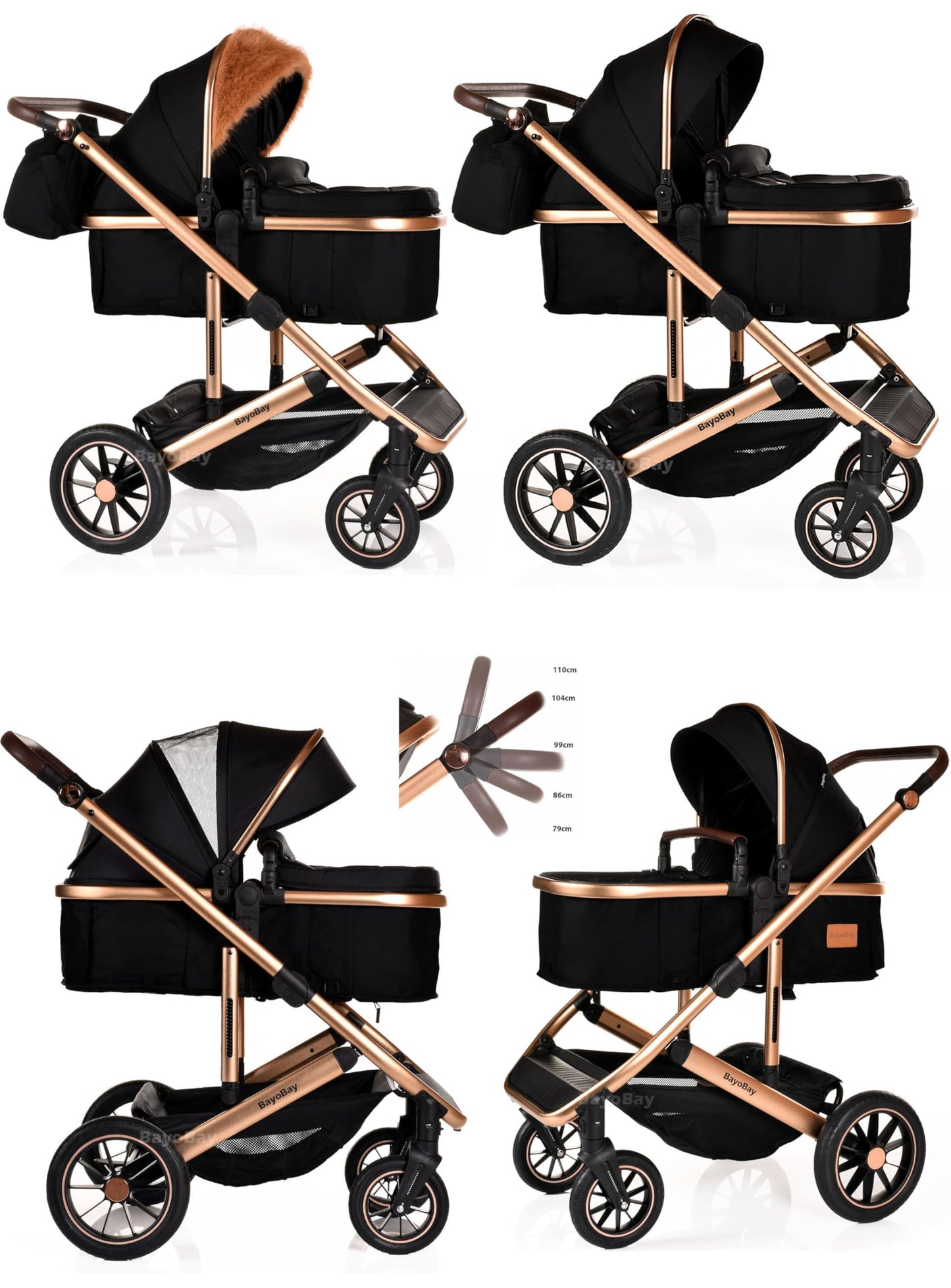 3 in 1 Travel System Baby Pram Buggy with Car Seat Pushchair Carriage Child Lightweight Folding Stroller for Newborns Toddlers from Birth up to 22kg New 2025 Style (BB1 - Black Gold, BB1)