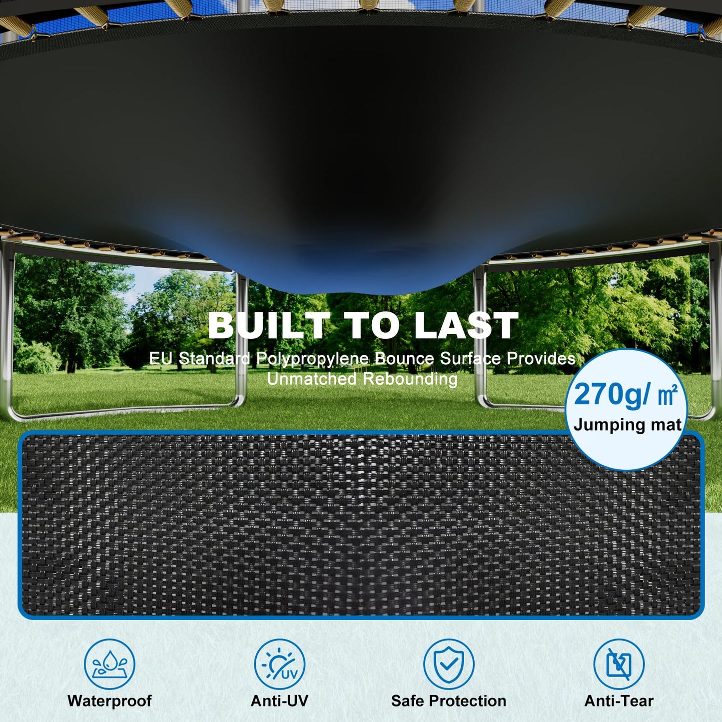 Devoko 10ft kids trampoline with safety net and reinforced steel frame, designed for children aged 6-12, waterproof and easy to set up
