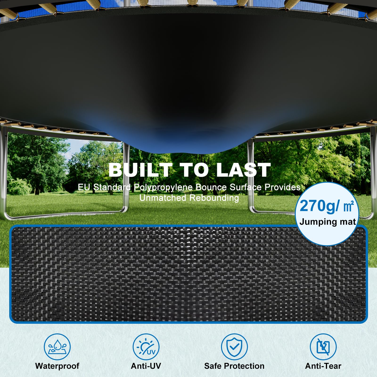 Devoko 10ft kids trampoline with safety net and reinforced steel frame, designed for children aged 6-12, waterproof and easy to set up
