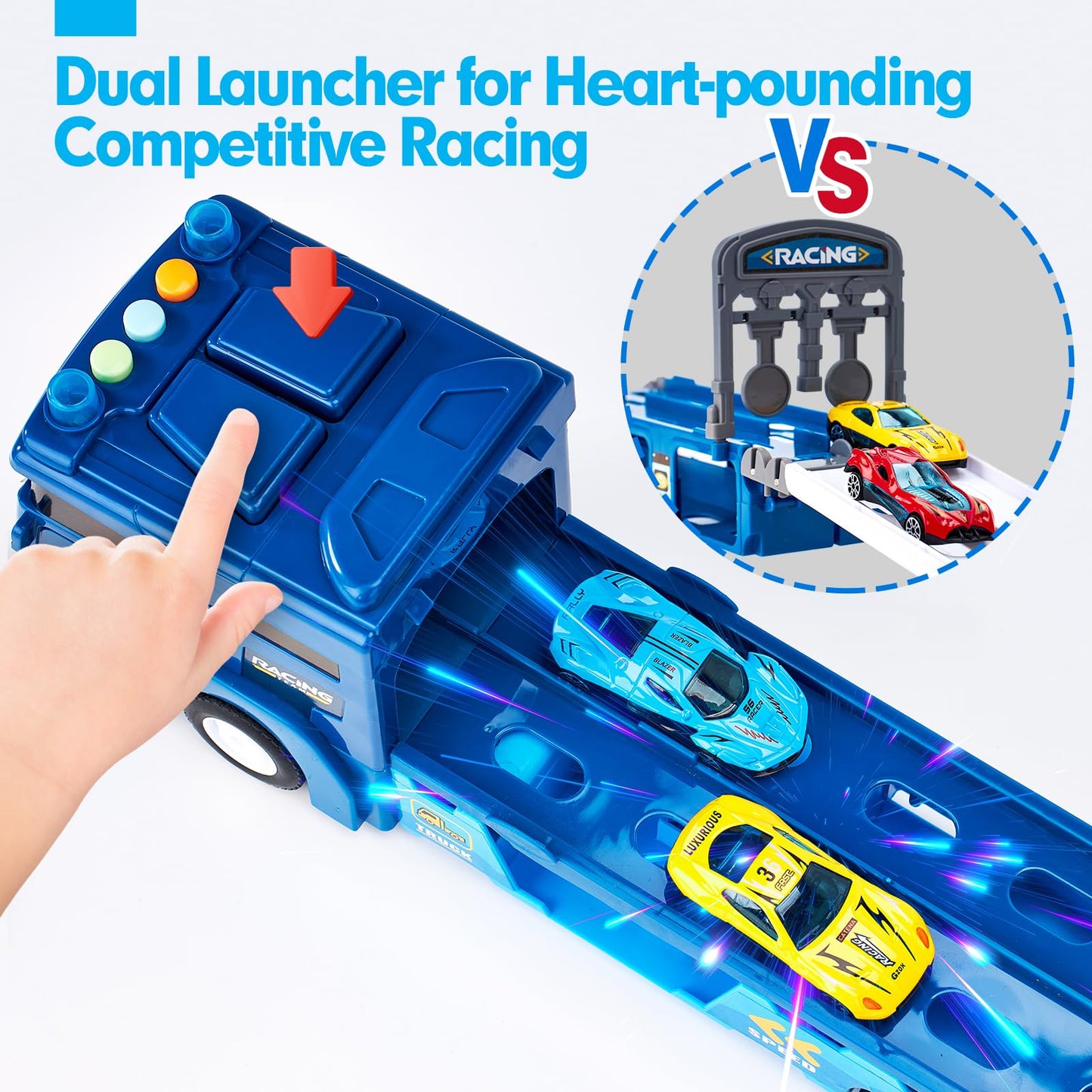 hahaland Puzzle Racer Toy Truck for 3 Year Olds – 2 in 1 Car Carrier Transforms into 114cm Race Track with Dual Launcher! 6 Mini Cars & Accessories – Top 3-10 Year Old Boy Toys & Gifts