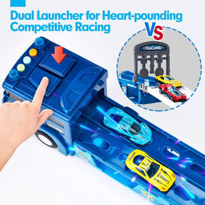 hahaland Puzzle Racer Toy Truck for 3 Year Olds – 2 in 1 Car Carrier Transforms into 114cm Race Track with Dual Launcher! 6 Mini Cars & Accessories – Top 3-10 Year Old Boy Toys & Gifts