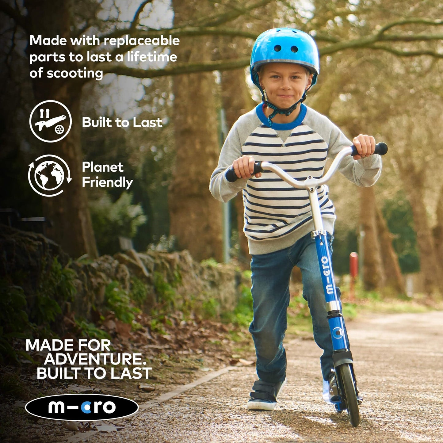 Blue Micro Cruiser Children's Scooter with adjustable handlebar, foldable design, and kickstand for ages 5-12.