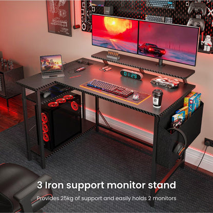 DOMSHOCT L-shaped gaming desk with LED lights, monitor stand, storage bag, and adjustable shelves in black, ideal for home office.