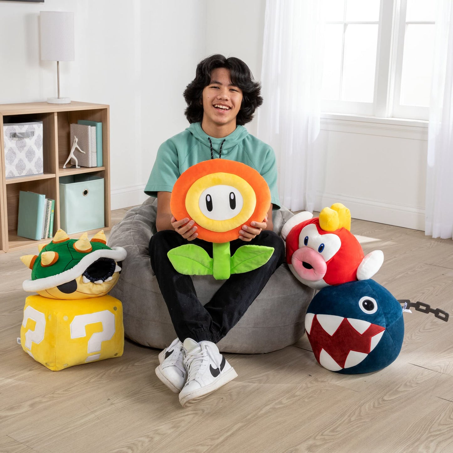 Club Mocchi Mocchi Super Mario Question Mark Block Mega Plush soft toy, 15-inch plush decor figure from the Mario video game series.