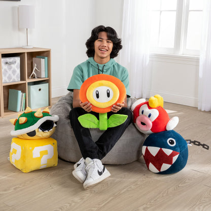 Club Mocchi Mocchi Super Mario Question Mark Block Mega Plush soft toy, 15-inch plush decor figure from the Mario video game series.