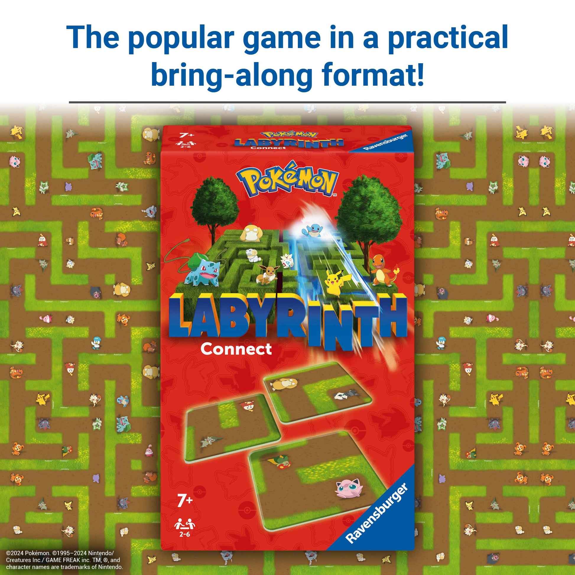 Ravensburger Pokemon Labyrinth Connect game box featuring colorful game pieces and a labyrinth board for family fun.