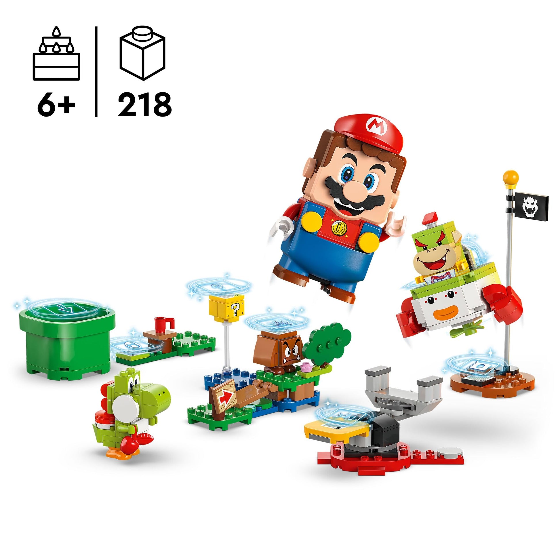 LEGO Super Mario Adventures set featuring interactive Mario, Bowser Jr.’s Clown Car, and Yoshi toy for ages 6 and up.