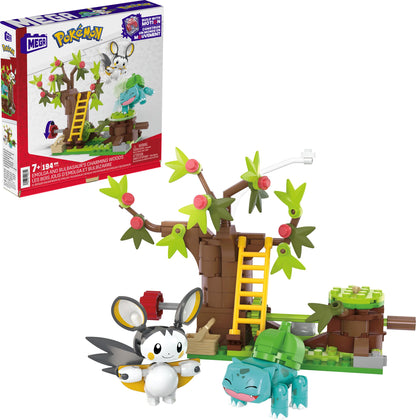 MEGA Pokémon Building Toys set featuring Emolga and Bulbasaur in a charming woods scene with 194 pieces and two poseable characters.