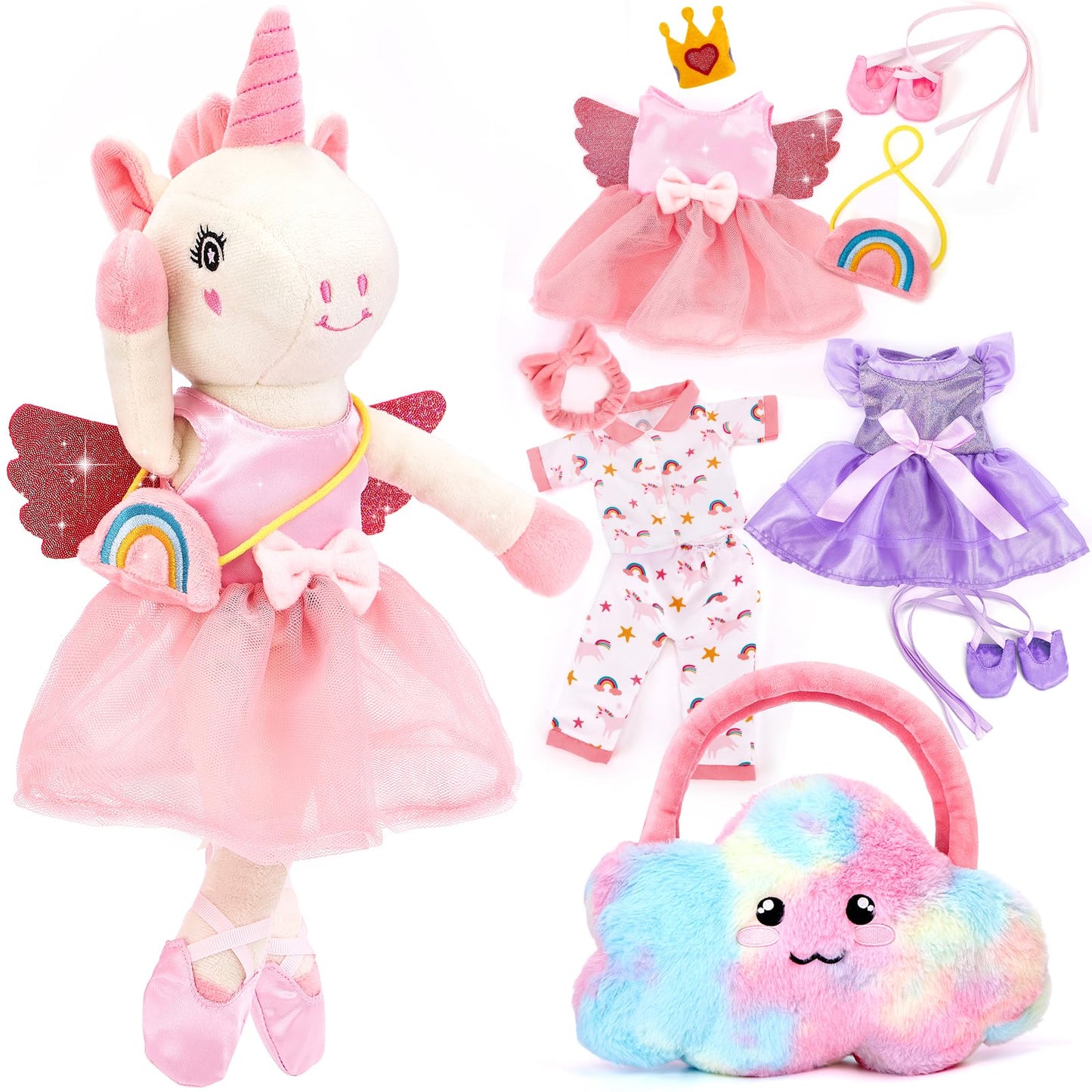 hahaland Unicorns Toys for Girls Age 3+, Ballerina Doll Plush Toys with 3 Outfits & Cloud Bag – Unicorn Stuffed Animal Soft Toys for Girls 3 4 5 6 Year Old, Ballet Dress Up Doll Gifts for Girl