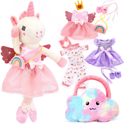 hahaland Unicorns Toys for Girls Age 3+, Ballerina Doll Plush Toys with 3 Outfits & Cloud Bag – Unicorn Stuffed Animal Soft Toys for Girls 3 4 5 6 Year Old, Ballet Dress Up Doll Gifts for Girl