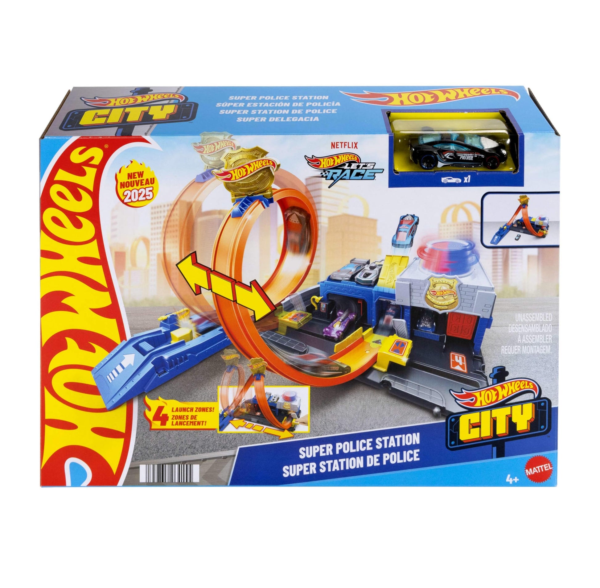 Hot Wheels Super Police Station playset featuring a die-cast toy car and adjustable racing loop for stunts.