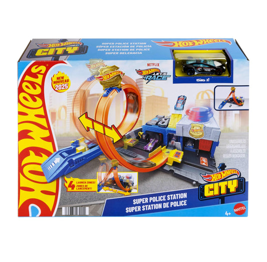 Hot Wheels Super Police Station playset featuring a die-cast toy car and adjustable racing loop for stunts.