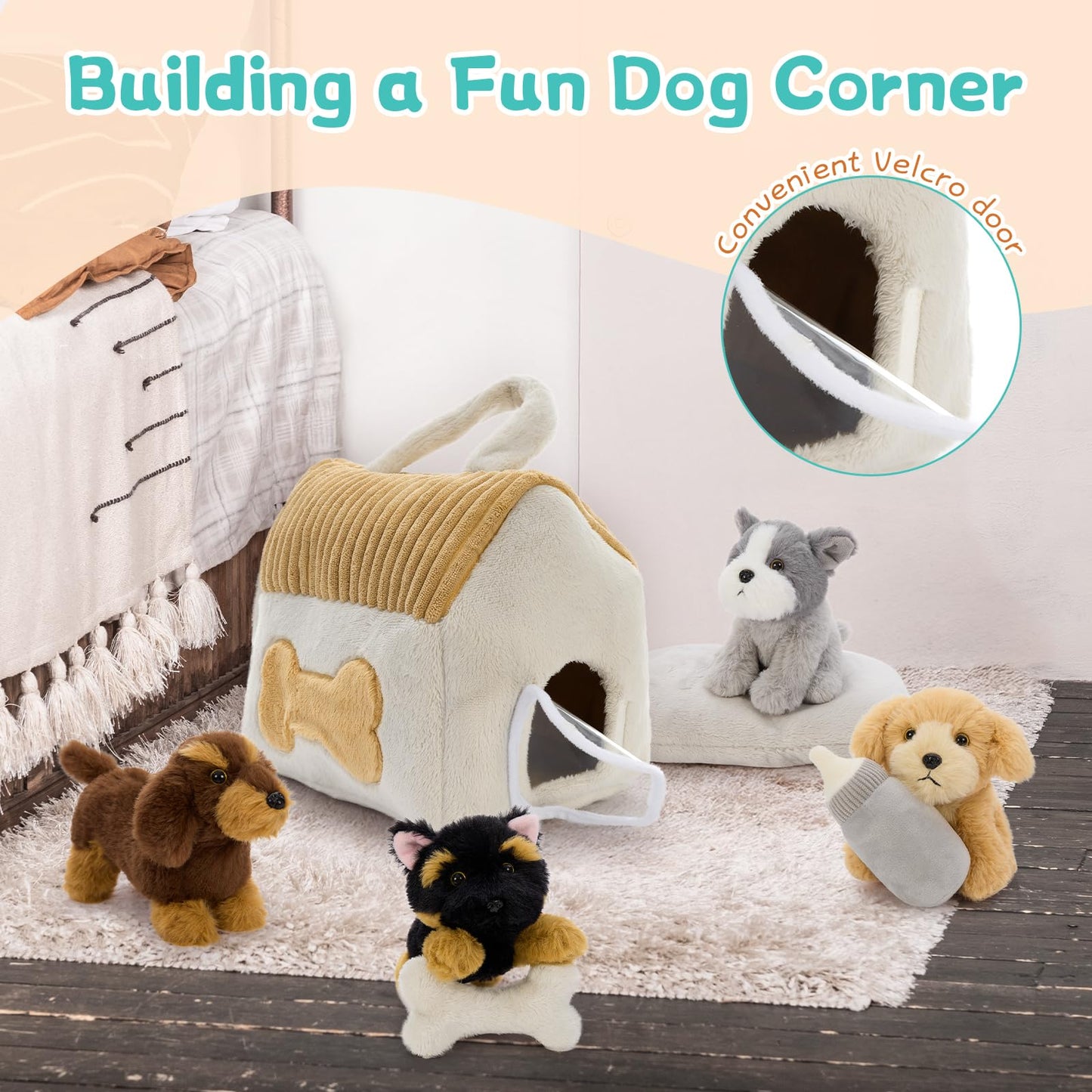 MorisMos 4pcs Dog Teddy Soft Toy, 25cm Dog Stuffed Animal Plush Cuddly with Doghouse, Lifelike Kawaii Presents for Kids Girls Boys Birthday Party Decorations