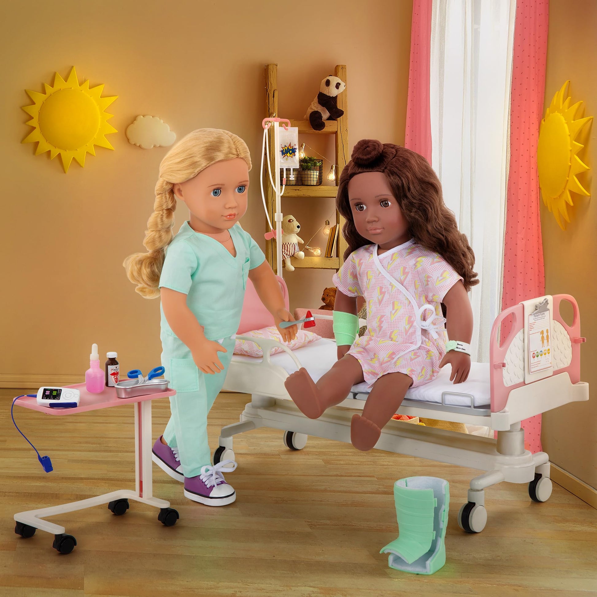 Our Generation doll hospital bed with doctor set, gown, stethoscope, and medical kit for 18-inch dolls.