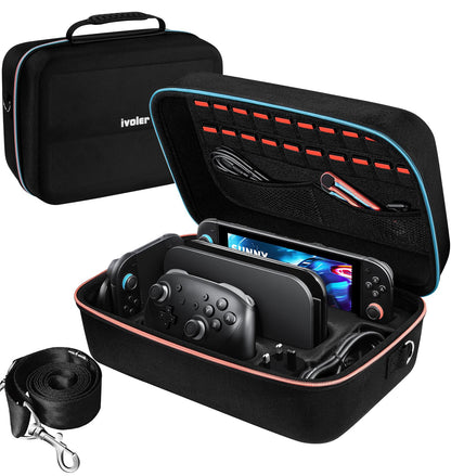 ivoler carrying case for Nintendo Switch 2 with soft lining, holds 20 games and accessories in a durable messenger bag style.
