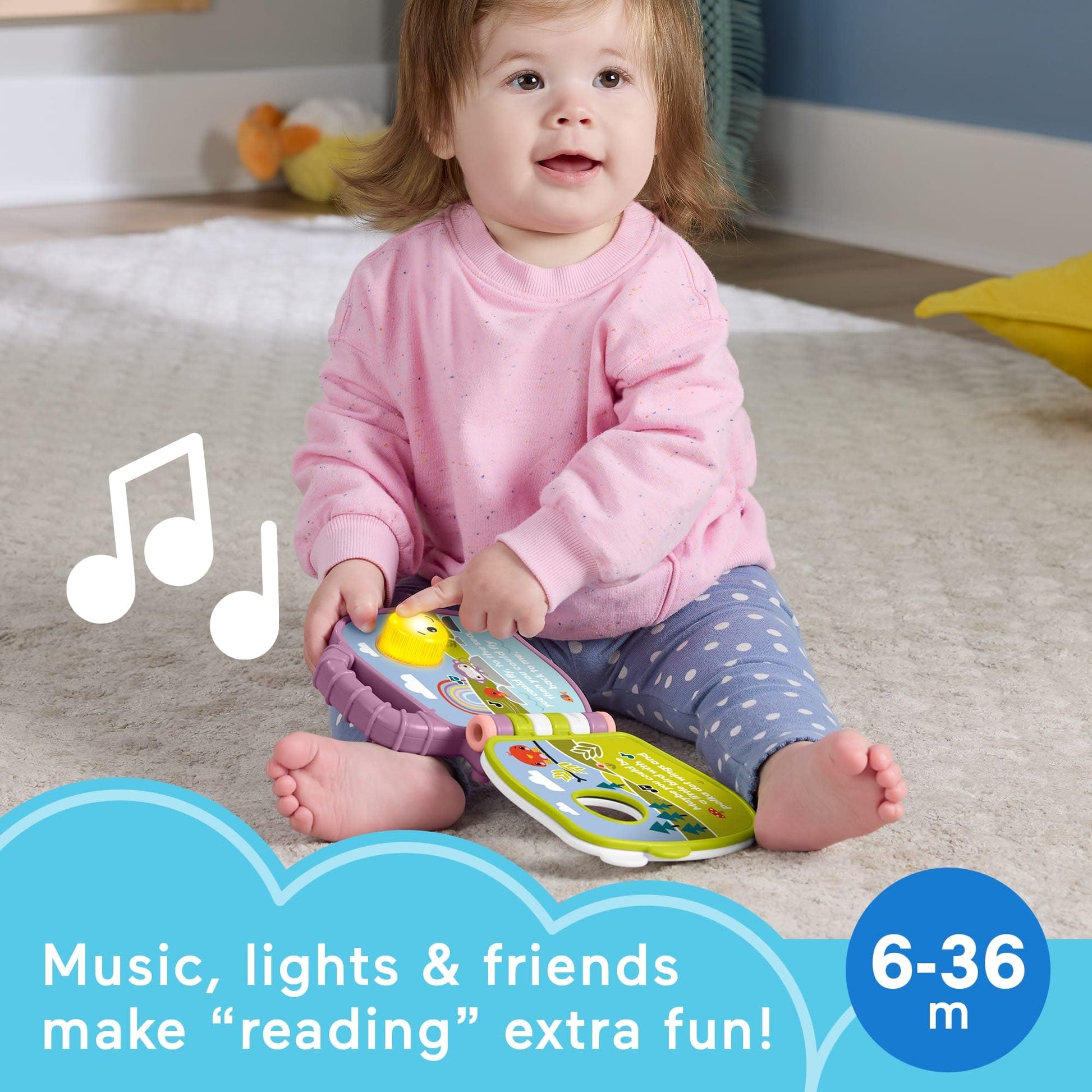 Fisher-Price Baby Musical Monkey Storybook with purple plush monkey, lights, and sounds for infants and toddlers aged 6 months+