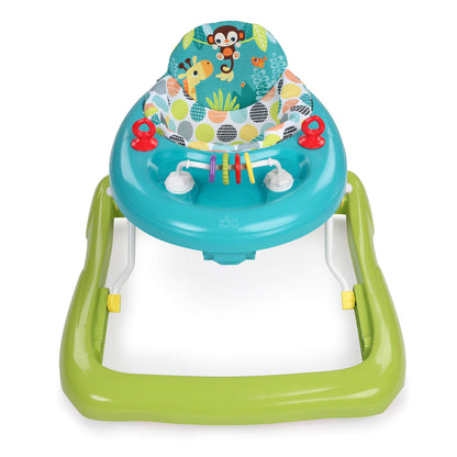 Bright Starts Giggling Safari Walker with easy fold frame, featuring colorful jungle animal design for infants 6 months and up.