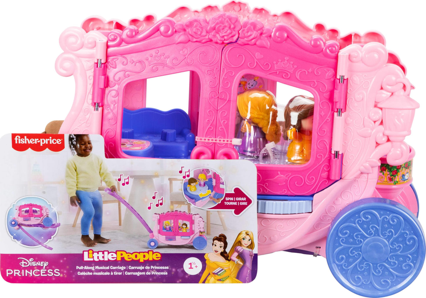 Fisher-Price Little People Toddler Toy Disney Princess Pull-Along Musical Carriage Playset with Figures for Pretend Play Kids Ages 18+ Months, JCW72