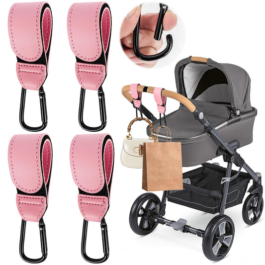 Pink 4-pack leather buggy clips and pram hooks for bags, backpacks, and prams, including rocker clips for pushchairs and shopping bags.