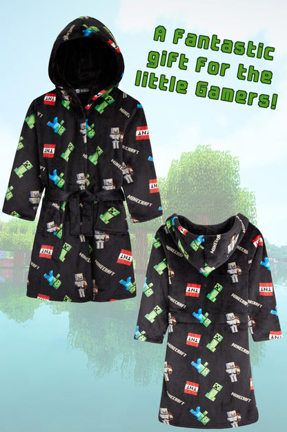 Minecraft Dressing Gown for Boys Fleece Hooded Bathrobe with Pockets Creeper Loungewear Nightwear Teens Gamer Gifts for Boys (13-14 Years, Black)