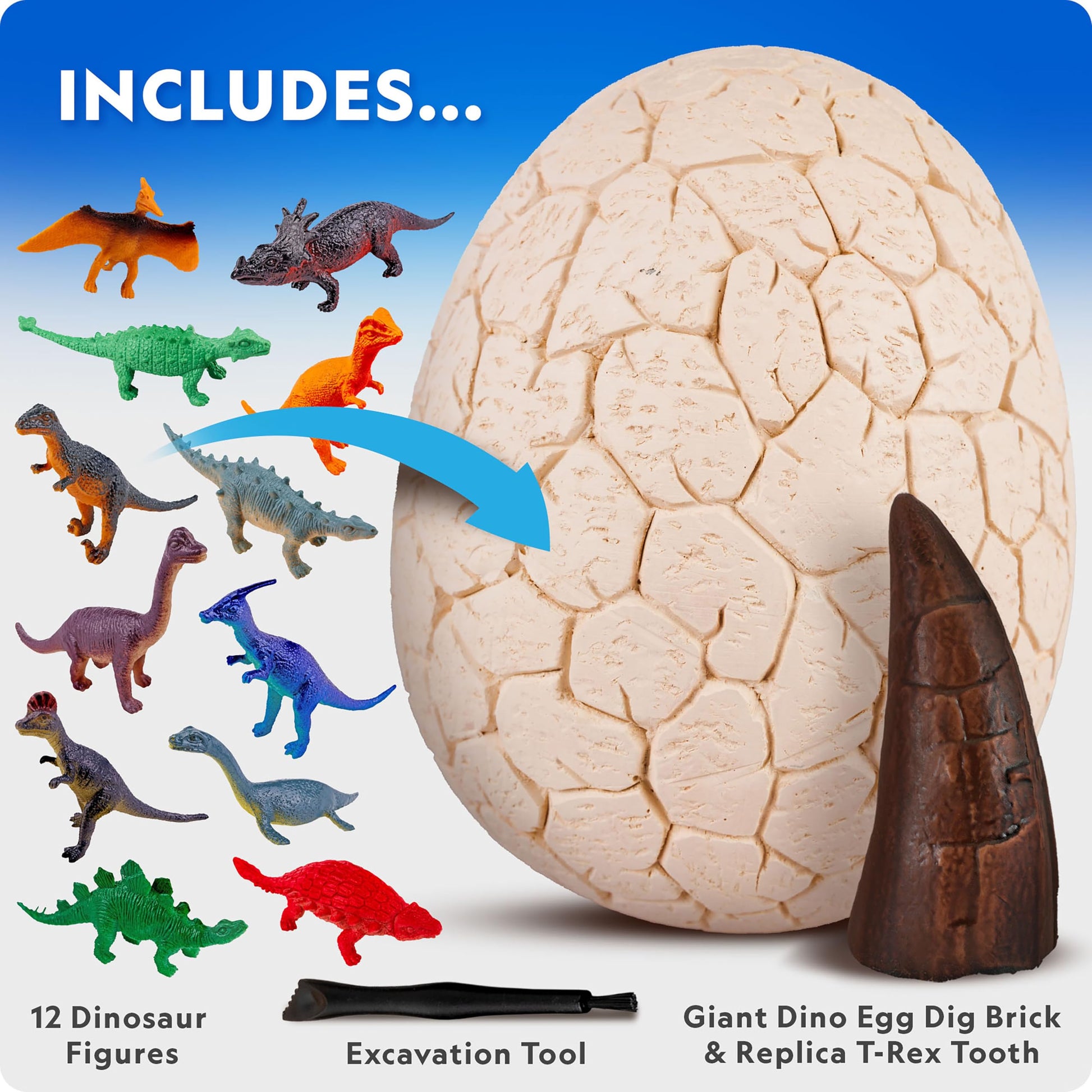 Blue Marble National Geographic Jumbo Dinosaur Egg Dig Kit with excavated T. Rex tooth and miniature dinosaur figures in a giant brick.