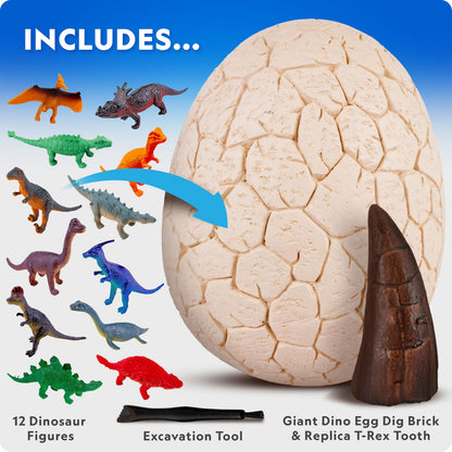 Blue Marble National Geographic Jumbo Dinosaur Egg Dig Kit with excavated T. Rex tooth and miniature dinosaur figures in a giant brick.