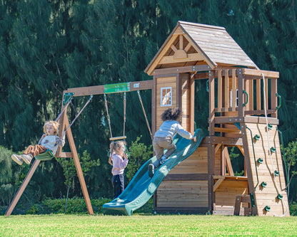 DOLPHIN PLAYGROUND T Swing Set for Backyard with Slide, 2 Swings, Trapeze Bar, Climbing Wall, Play house for Kids Outdoors with Kitchen Toys and Wooden Roof – Cedar Wood Outdoor Playset for Ages 3+