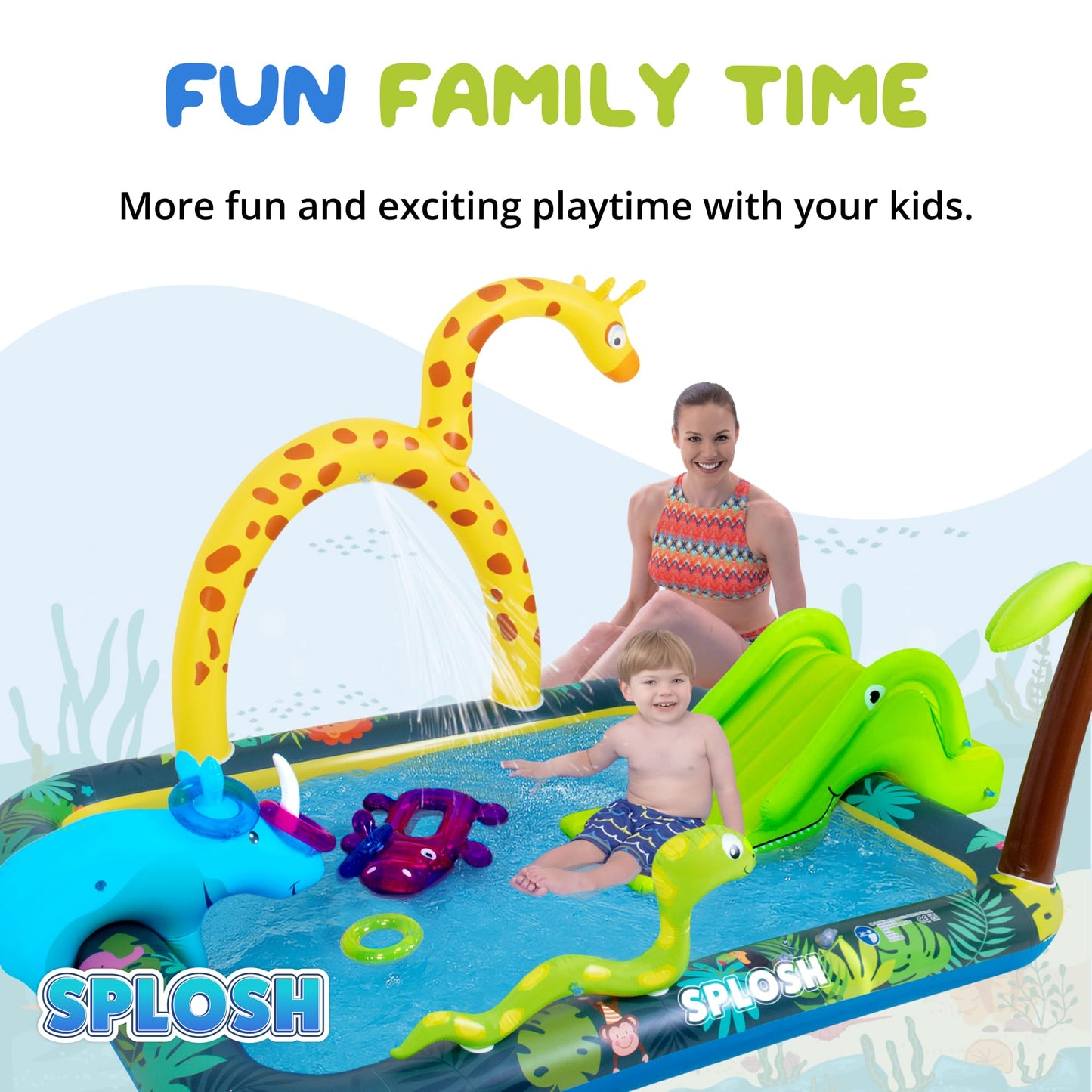 Splosh Jungle Animal Activity Paddling Pool with slide, inflatable ring toss, and vibrant jungle graphics for kids aged 2-5.