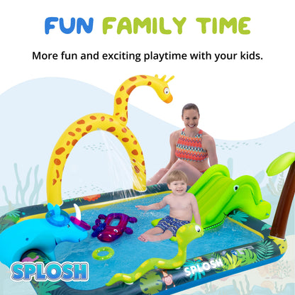 Splosh Jungle Animal Activity Paddling Pool with slide, inflatable ring toss, and vibrant jungle graphics for kids aged 2-5.