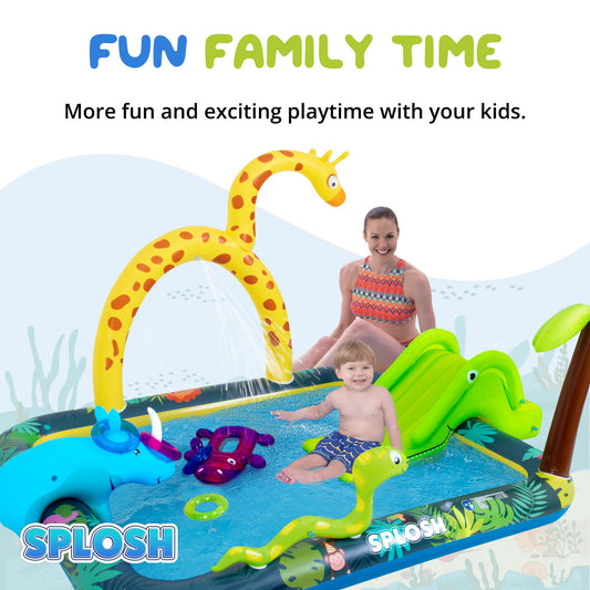 Splosh Jungle Animal Activity Paddling Pool with slide, inflatable ring toss, and vibrant jungle graphics for kids aged 2-5.