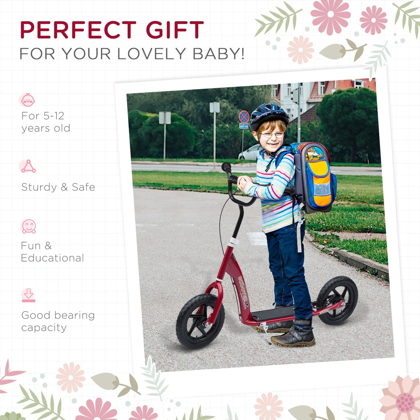 HOMCOM Kids Scooter, Toddler Kick Scooter with Adjustable Handlebar, 12" EVA Tyres, Rear Brake, for Age 5-12 Years, Red