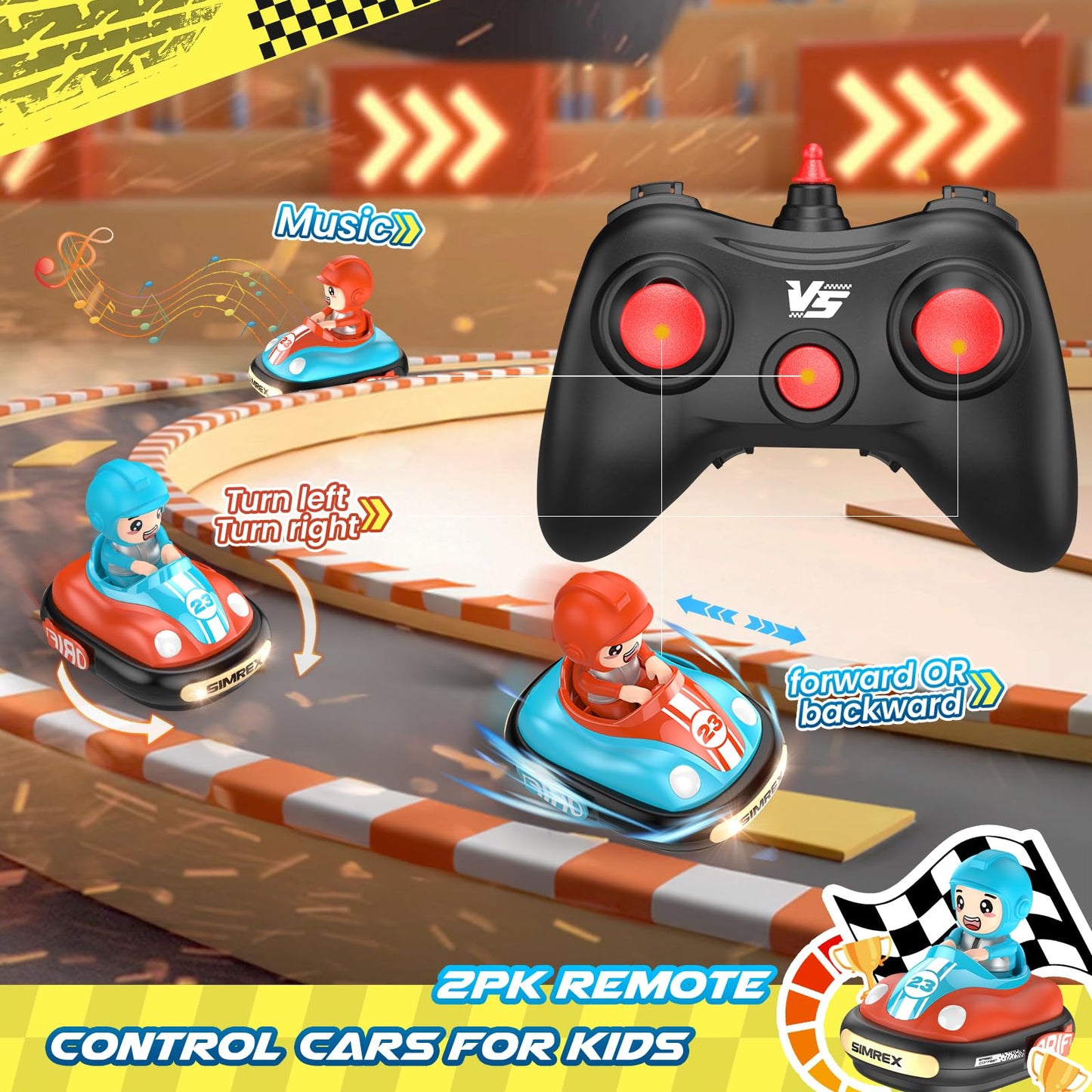 SIMREX Remote Control Bumper Car for Kids, RC Ejecting Bumper Vehicle for Kids, Toys with Light Music Sound, RC Battle Race Car Set of 2 Players, Gift for Toddler Boys and Girls