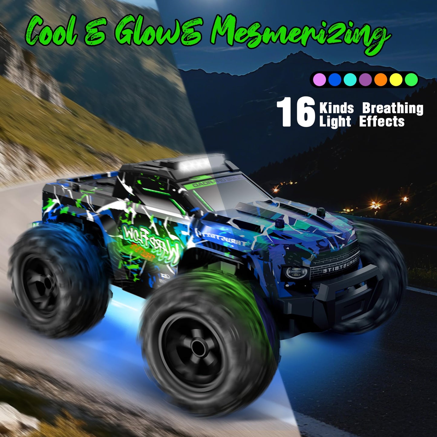 BAZADER 1:18 remote control RC truck with LED lights, all-terrain off-road design, high-speed racing, spray feature, and 60-minute playtime