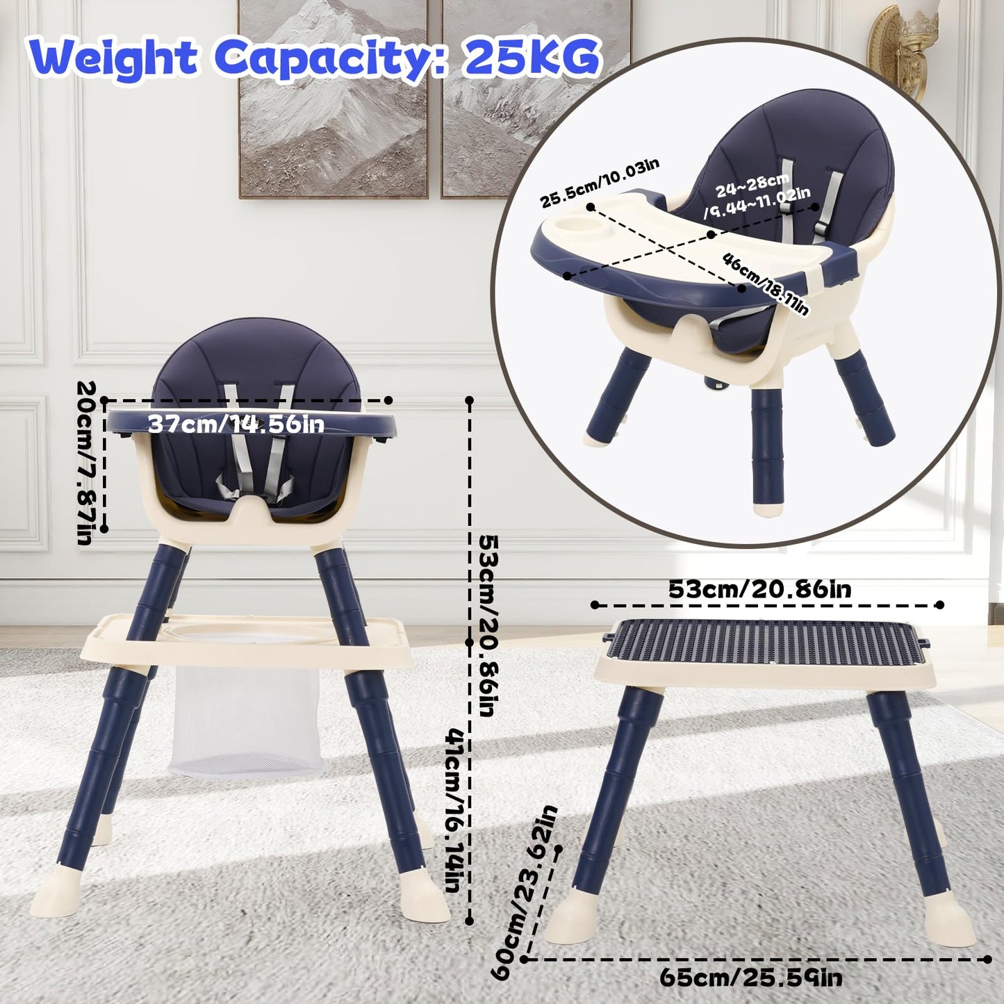 7-in 1 Baby High Chair, Highchair with Removable Game Table, Adjustable Height, Footrest, Portable Baby Chair Multifunctional Combination for Babies Toddlers (Blue)