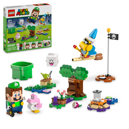 LEGO Super Mario Adventures set featuring interactive LEGO Luigi, pink Baby Yoshi figure, garden playset for kids and gamers.