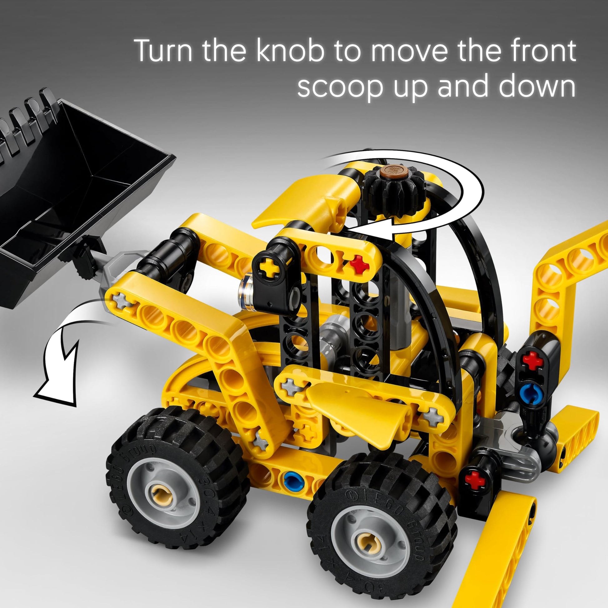 LEGO Technic Backhoe Loader toy with back digger, scoop, and outriggers for kids aged 7 and up.