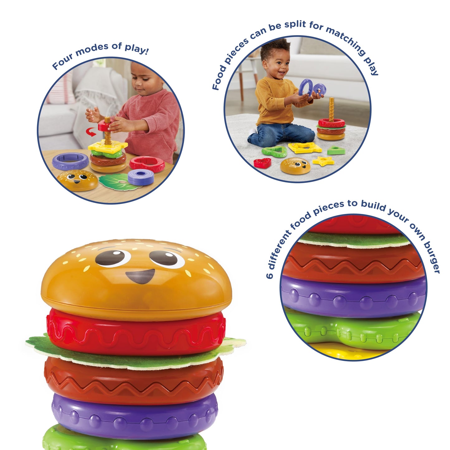 VTech Baby Build-a-Burger, Stacking and Sorting Toy with 6 Food Pieces, Shape Sorting, Stacking Play, Matching, Spinning and Colours, Gift for Babies 18, 24 months +, English Version