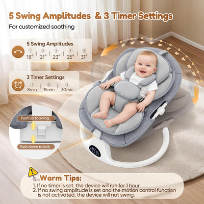 Helangel baby swing for infants and toddlers with Bluetooth music, 5-speed settings, 3-seat positions, and 5-point safety harness.