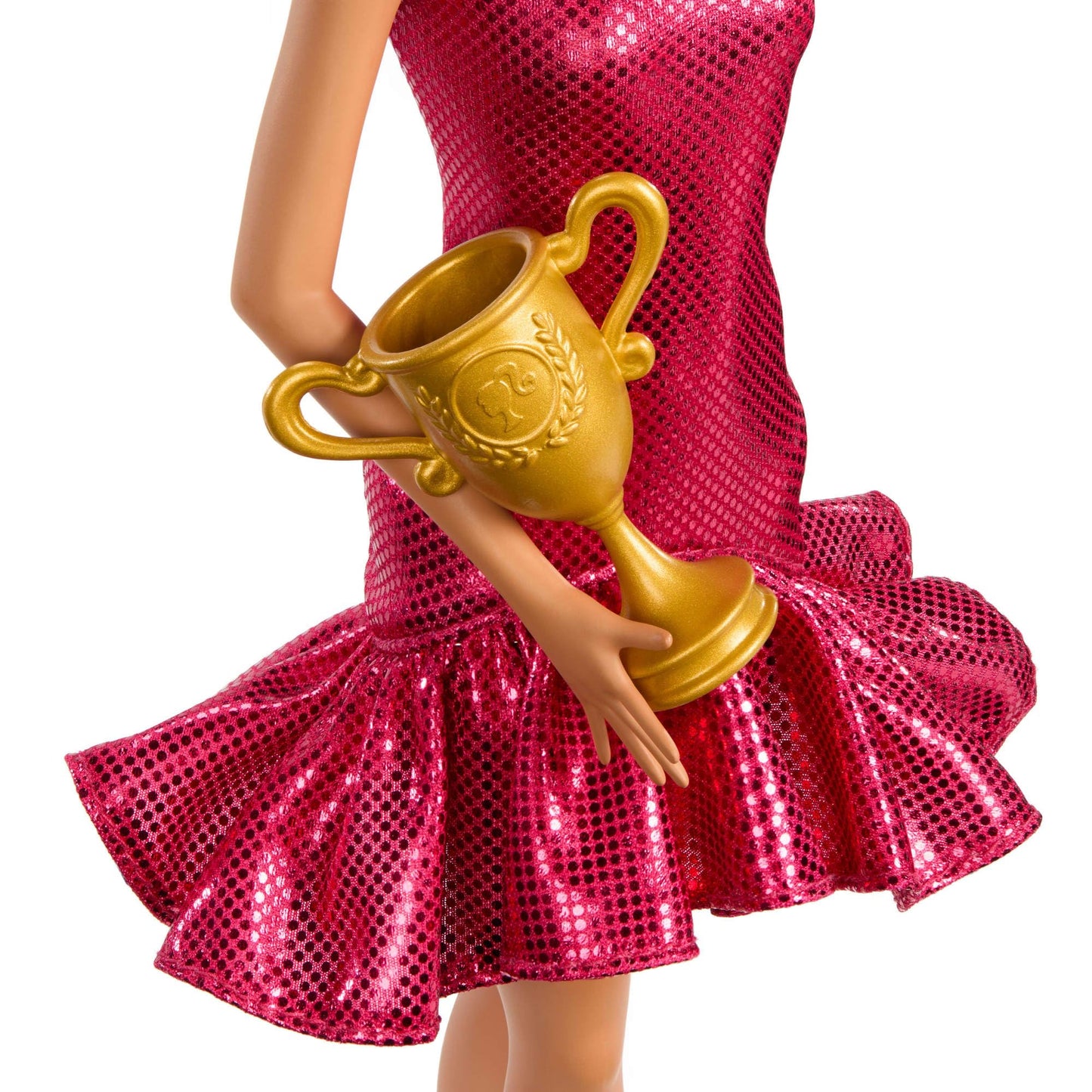 Barbie Ballroom Dancer Fashion Doll with red ruffle dress, brown styled hair, dancing shoes, and a trophy accessory.