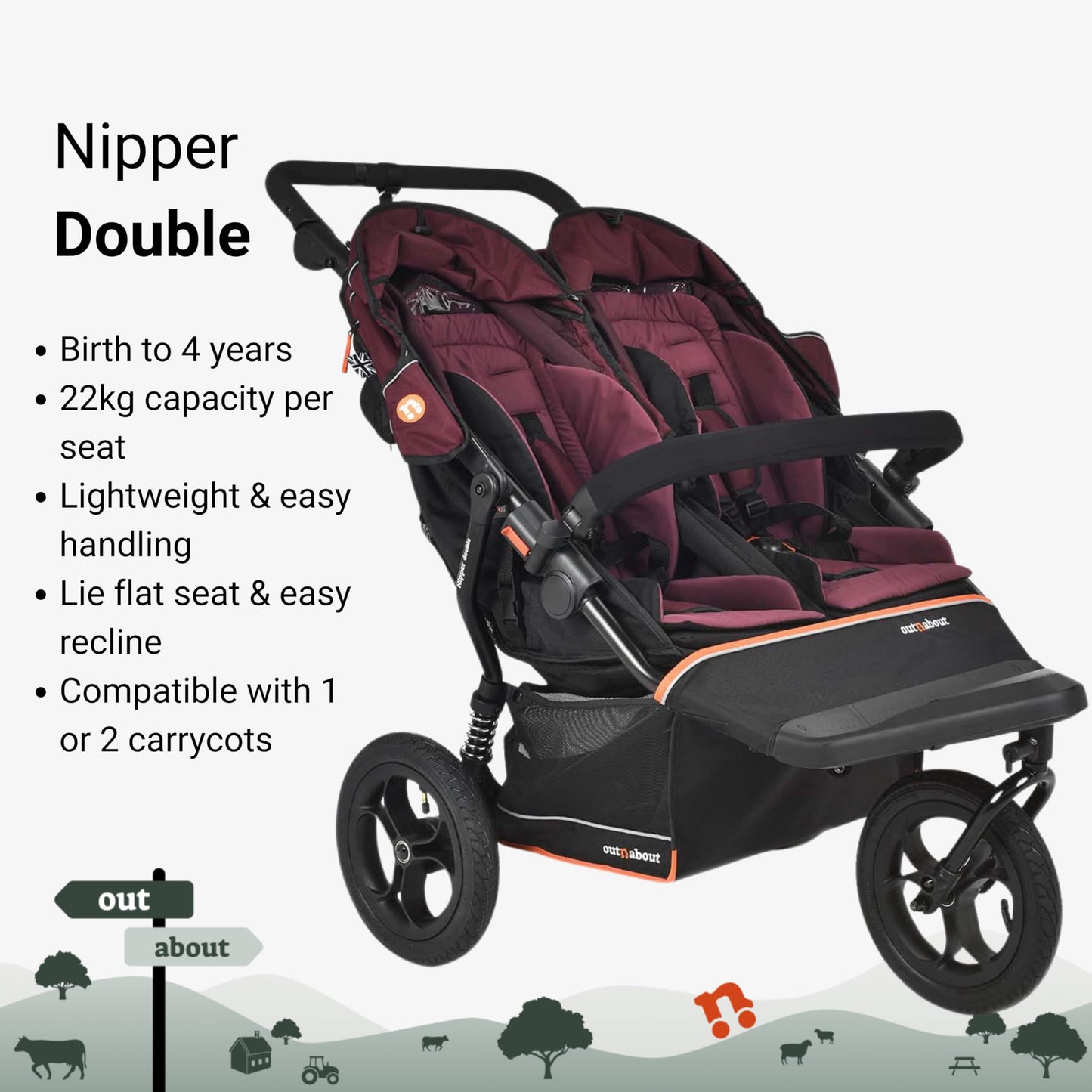 Out’n’About Nipper Double V6 Pushchair | Lightweight All-Terrain Twin Buggy with Raincover, 12” Air-Filled Wheels & Compact Fold | Side-by-Side Stroller for Newborn to Toddler - Brambleberry Red