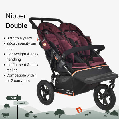 Out’n’About Nipper Double V6 Pushchair | Lightweight All-Terrain Twin Buggy with Raincover, 12” Air-Filled Wheels & Compact Fold | Side-by-Side Stroller for Newborn to Toddler - Brambleberry Red