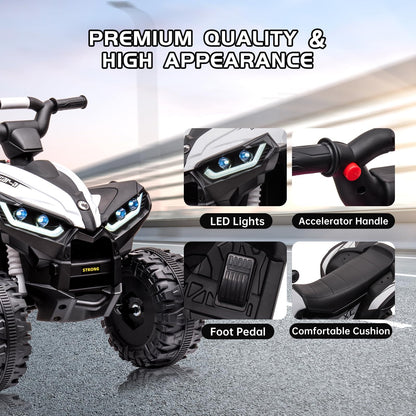 White Aptliton kids electric quad bike ride-on toy with remote control, LED lights, horn, music, and two-speed settings for ages 3-5.