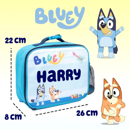 Bluey - Personalised Kids Lunch Bag - Insulated Kids Snack Bag for Boys and Girls for Nursery & School - Name Customisation (Blue)
